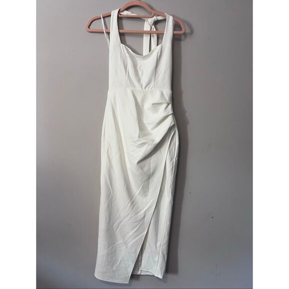 NWT Selfie Leslie Halterneck Gathered Pleat Side Knee Length Dress White - Picture 4 of 9